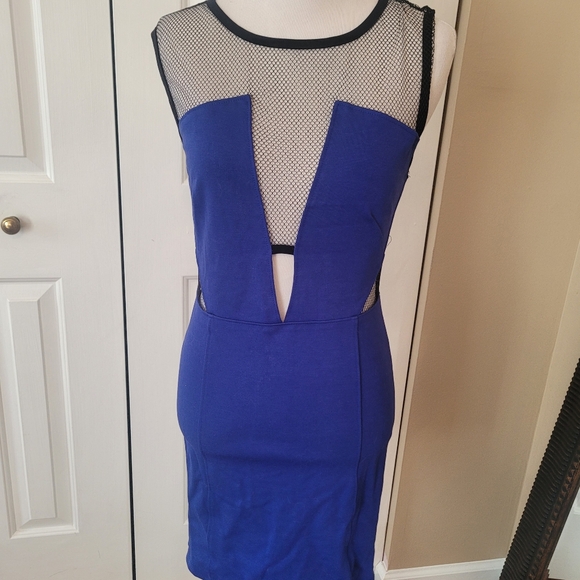 Sexy Blue Dress with Black Fishnet Cutouts - Picture 3 of 6